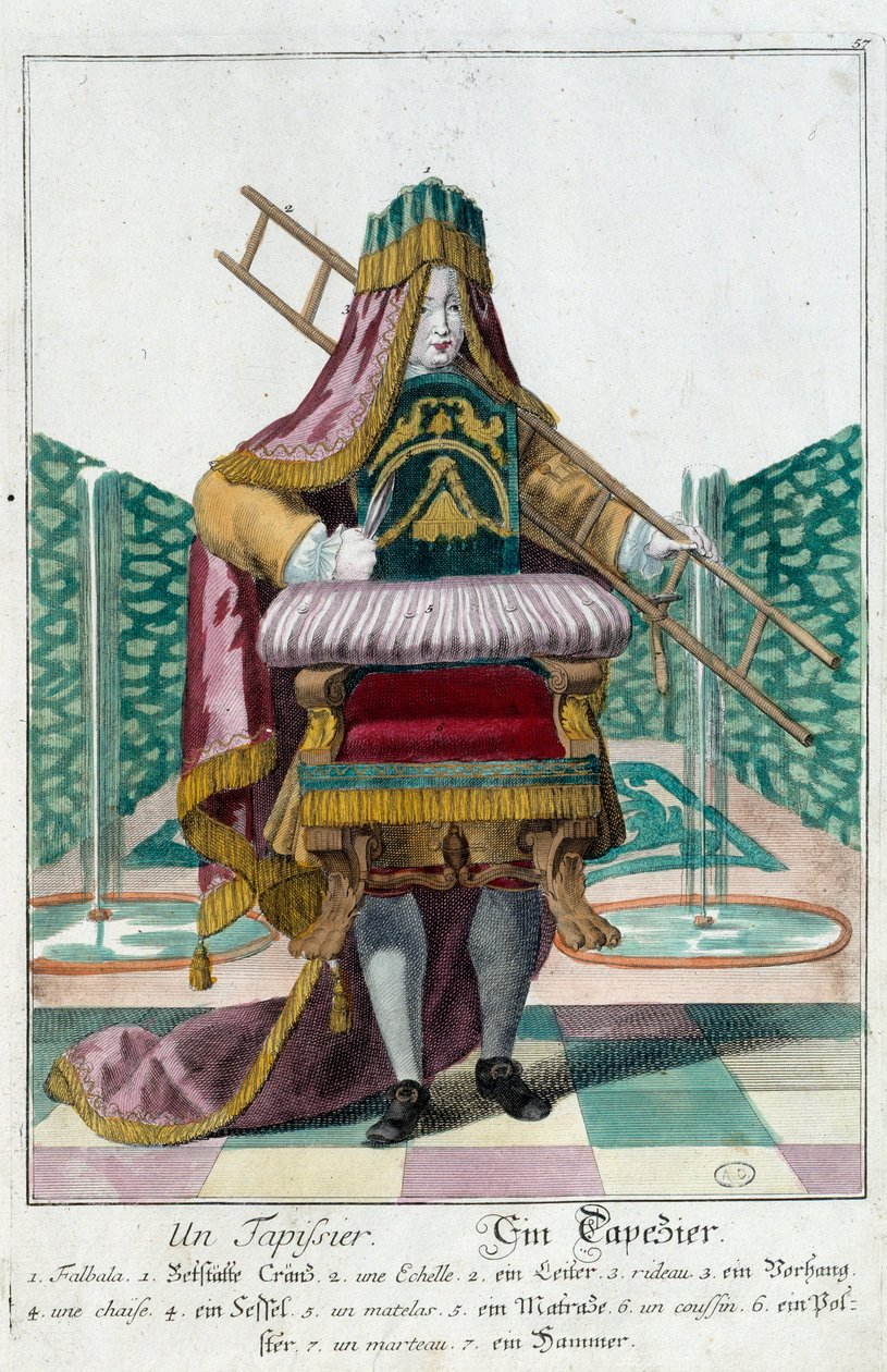 Oficio: un tapicero. Grabado de Martin Engelbrecht (1684-1756), en "Nueva asamblea de las maniobras vestidas" siglo XVIII, Alemania. París, Artes Decorativas de Martin Engelbrecht