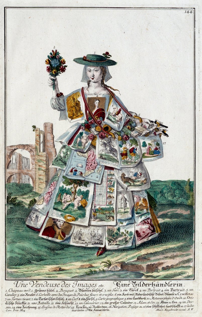 Oficio: Una vendedora de imágenes. Grabado de Martin Engelbrecht en “Nueva asamblea de las manouvries habilles” siglo XVIII, Alemania. París, Artes Decorativas de Martin Engelbrecht