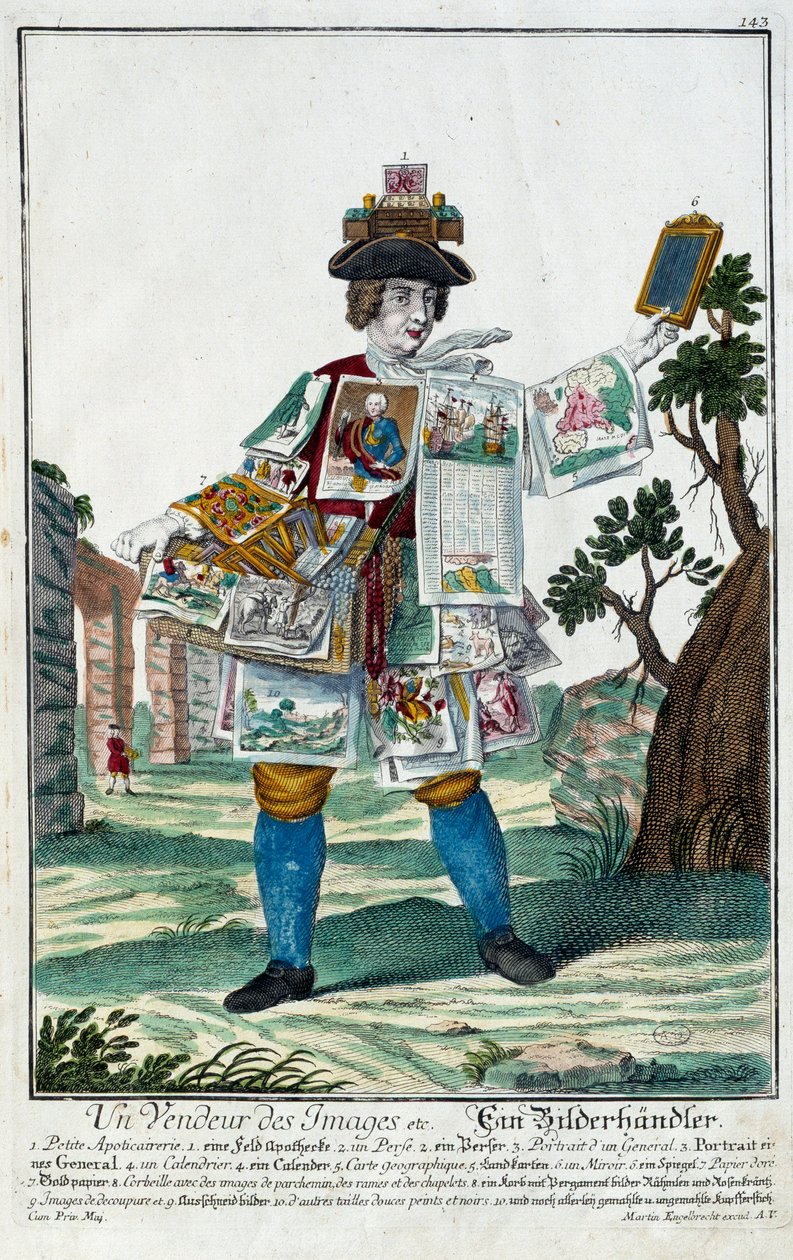 Oficio: Un vendedor de imágenes. Grabado por Martin Engelbrecht (1684-1756), en "Nueva asamblea de las manouvries habilles" siglo XVIII, Alemania. París, Artes Decorativas de Martin Engelbrecht