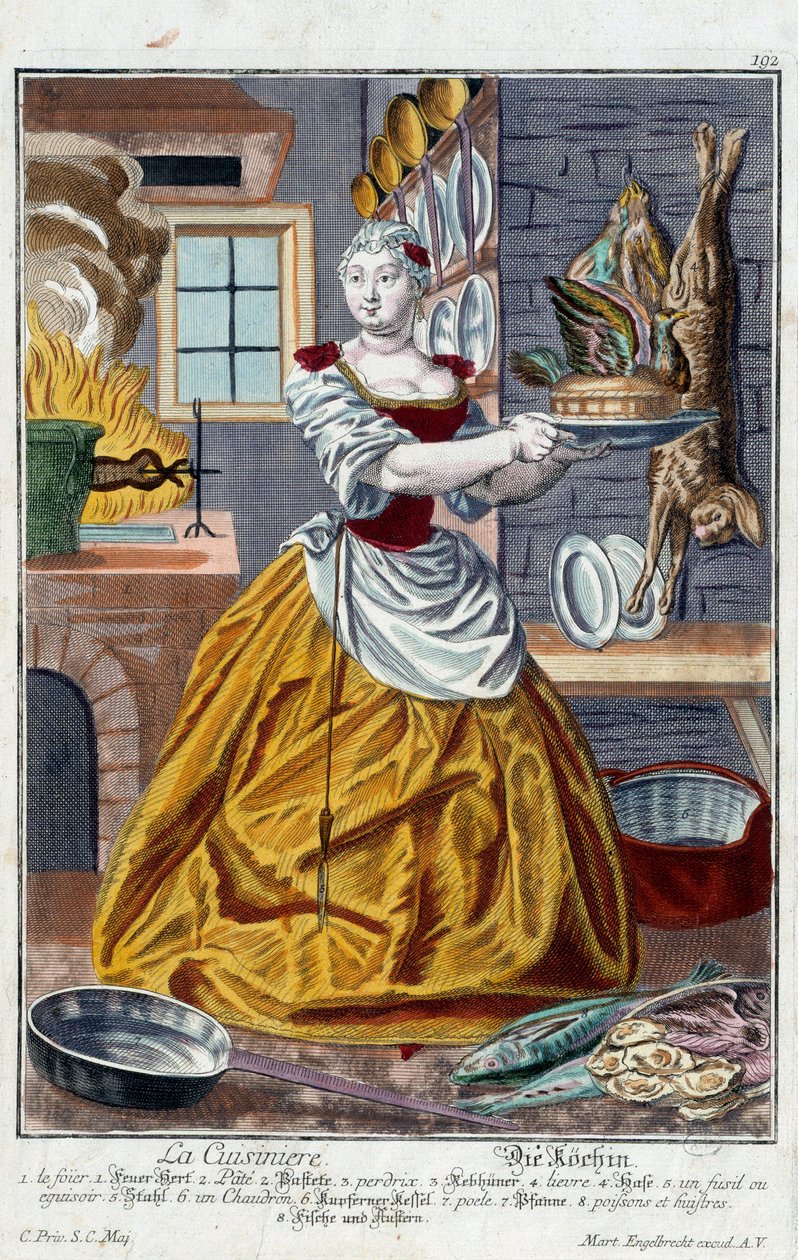 El cocinero. Grabado por Martin Engelbrecht (1684-1756), en "Nueva asamblea de los manouvriers habillés" siglo XVIII, Alemania. París, Artes Decorativas de Martin Engelbrecht