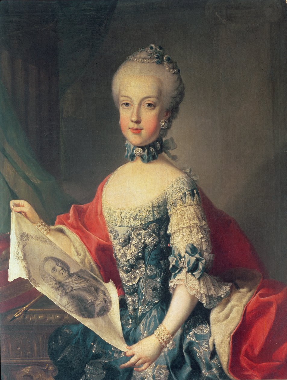 Archiduquesa María Carolina, decimotercer hijo de María Teresa de Austria, esposa de Fernando I, rey de las Dos Sicilias, sosteniendo un retrato de su padre el emperador Francisco I de Martin II Mytens or Meytens