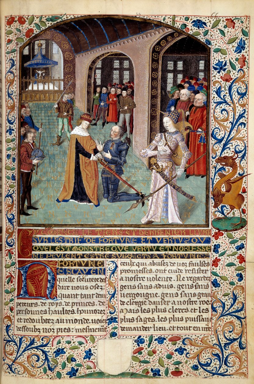 Alegoría de la Virtud: vasallo rindiendo tributo a su señor en presencia de la Virtud. Miniatura de 