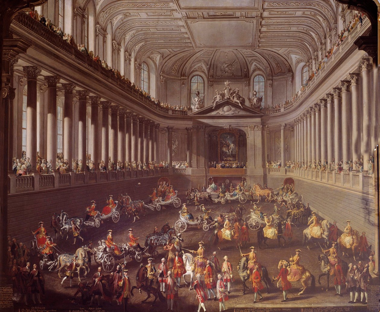 Carrusel del picadero español de Viena para celebrar la derrota francesa en Praga en 1763, María Teresa de Austria (1717-1780) está representada en el caballo blanco. Pintura de la escuela de Martin Meytens (1695-1770) siglo XVIII Viena. Kunsthistorisches  de Martin Meytens the Younger