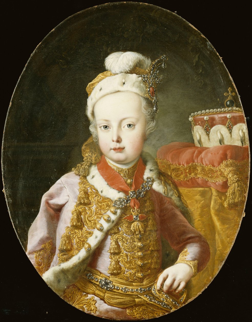 Retrato del Archiduque José, luego Emperador José II de Austria, medio cuerpo, con una chaqueta de terciopelo rosa bordada en oro con ribete de armiño, un gorro con plumas adornado con un broche y llevando la Orden del Toisón de Oro de Martin Meytens the Younger