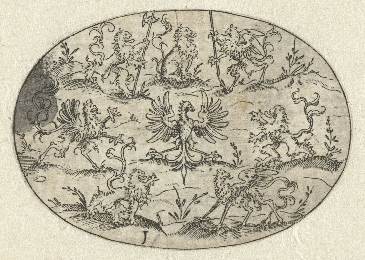Óvalo con águila rodeada de leones y criaturas fantásticas Nev Thier Bvechlein (título de la serie) de Martin Pleginck