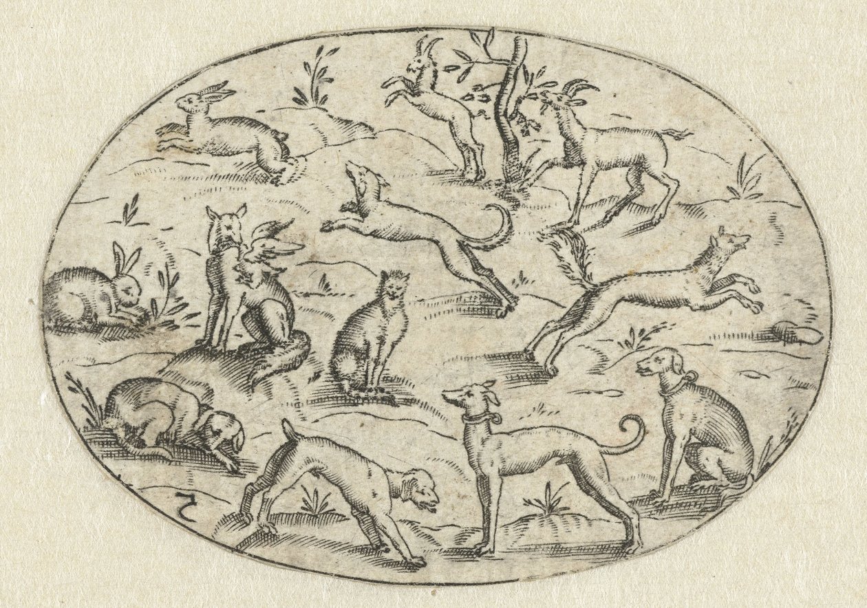 Óvalo con perros, cabras y conejos Nev Thier Bvechlein (título de la serie) de Martin Pleginck