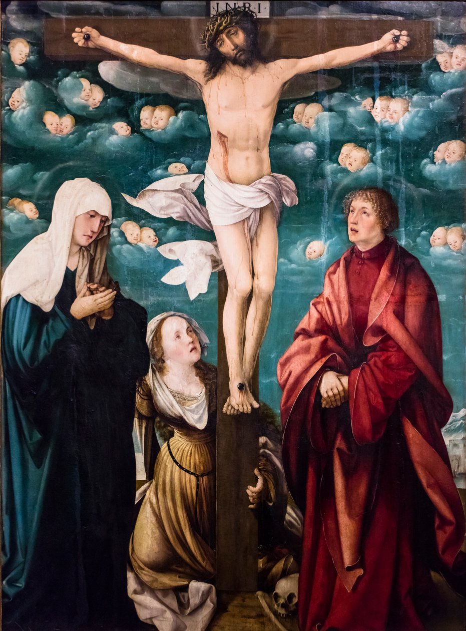 Crucifixión con la Virgen María, Santa María Magdalena y San Juan Evangelista, hacia 1525-1530 (Témpera y óleo sobre abeto) de Martin Schaffner