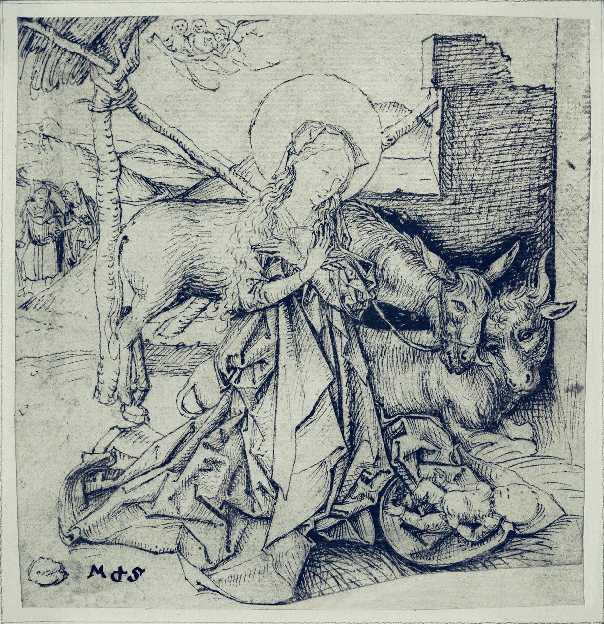 "Adoración del Niño" (pluma y tinta) de Martin Schongauer