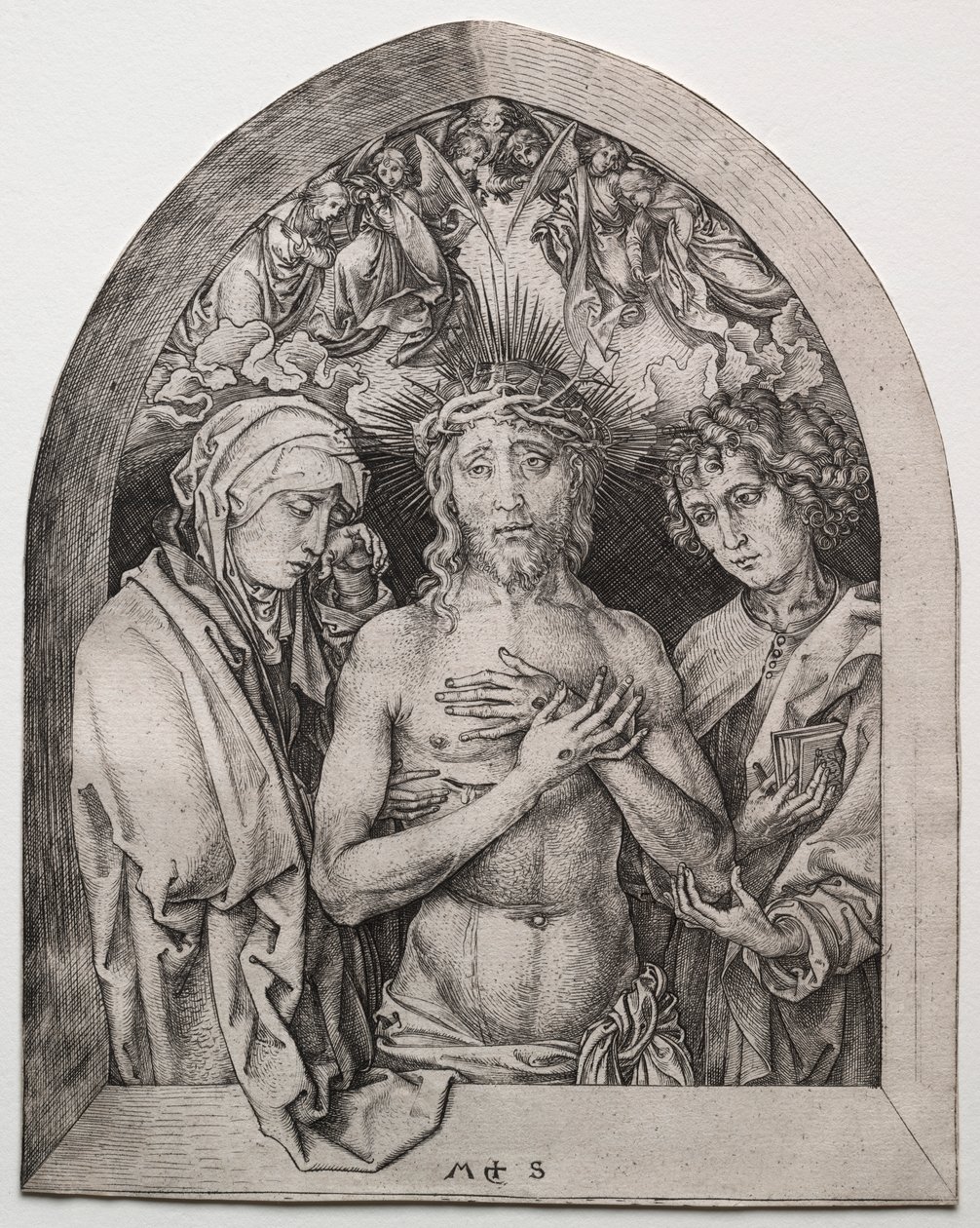 Cristo como el Hombre de Dolores entre la Virgen y San Juan de Martin Schongauer