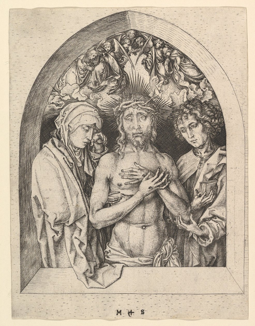 Cristo como el Hombre de Dolores con la Virgen y San Juan, ca. 1435-1491 de Martin Schongauer