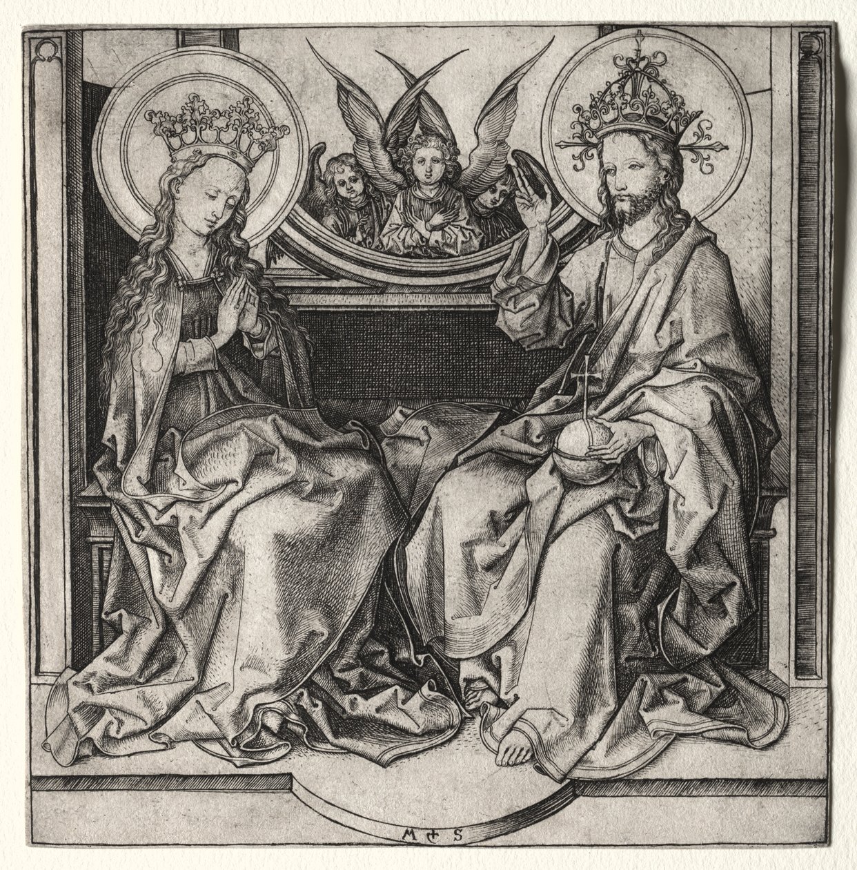 Dios Padre y la Virgen Bendita entronizados atendidos por ángeles de Martin Schongauer