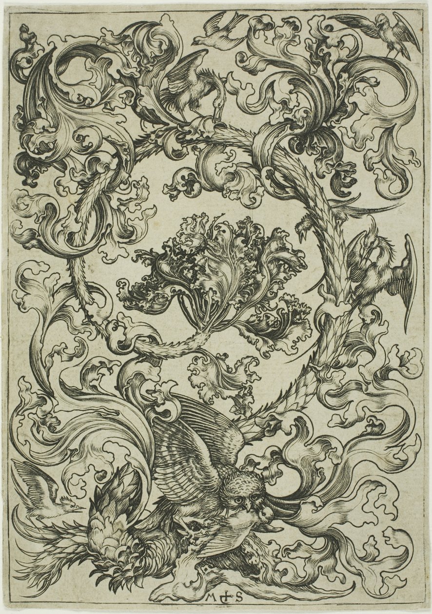 Adorno con búho burlado por aves diurnas de Martin Schongauer