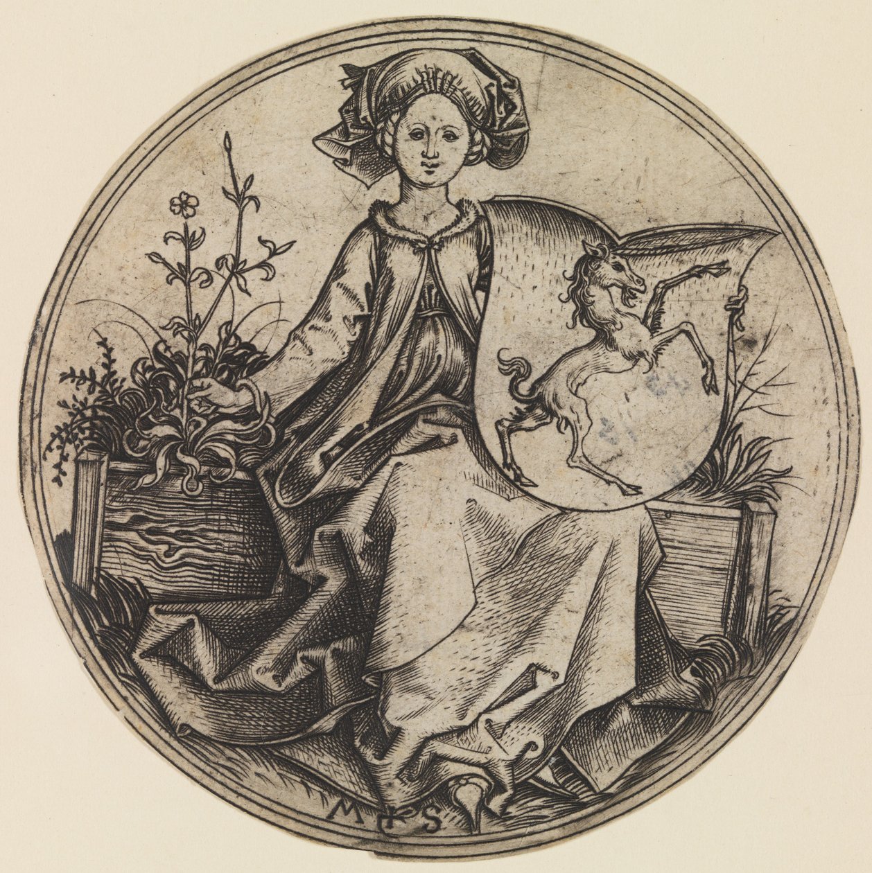 Dama Sentada Sosteniendo un Escudo con un Unicornio de Martin Schongauer
