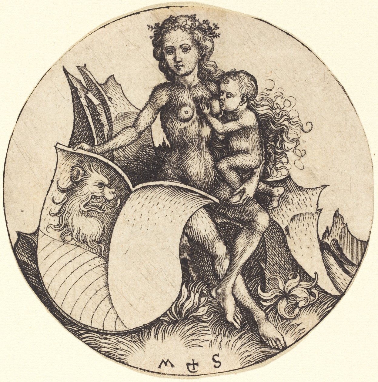 Escudo con cabeza de león, sostenido por mujer salvaje de Martin Schongauer