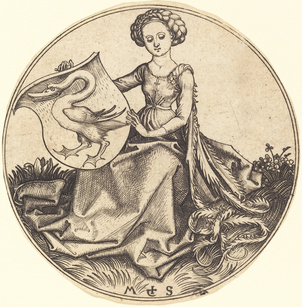 Escudo con cisne, sostenido por mujer de Martin Schongauer