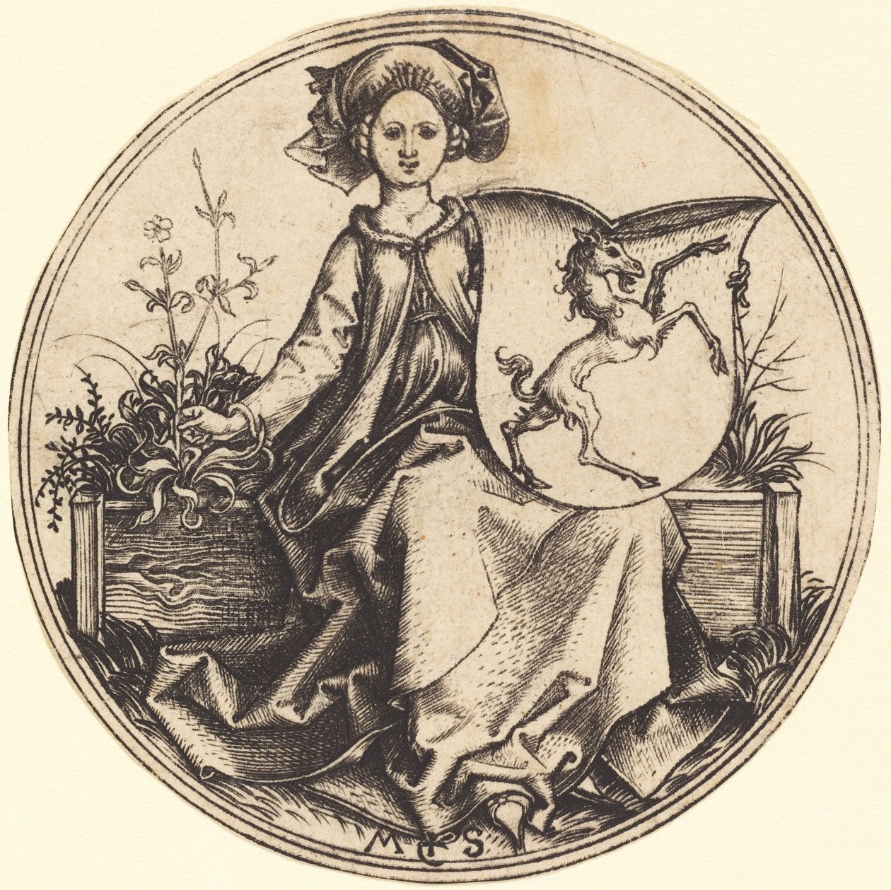 Escudo con unicornio, sostenido por mujer de Martin Schongauer