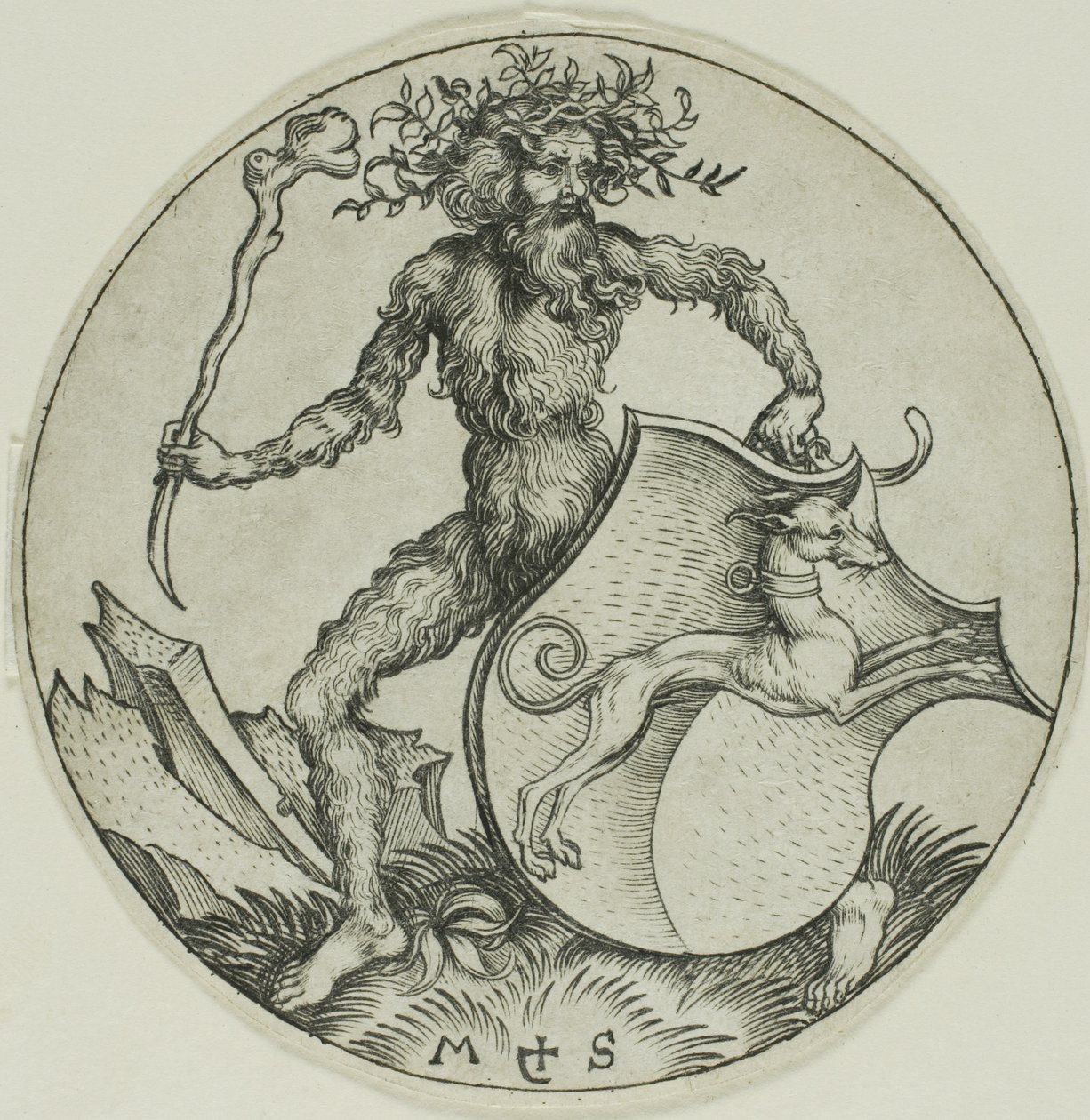 Escudo con un galgo, sujetado por un salvaje de Martin Schongauer