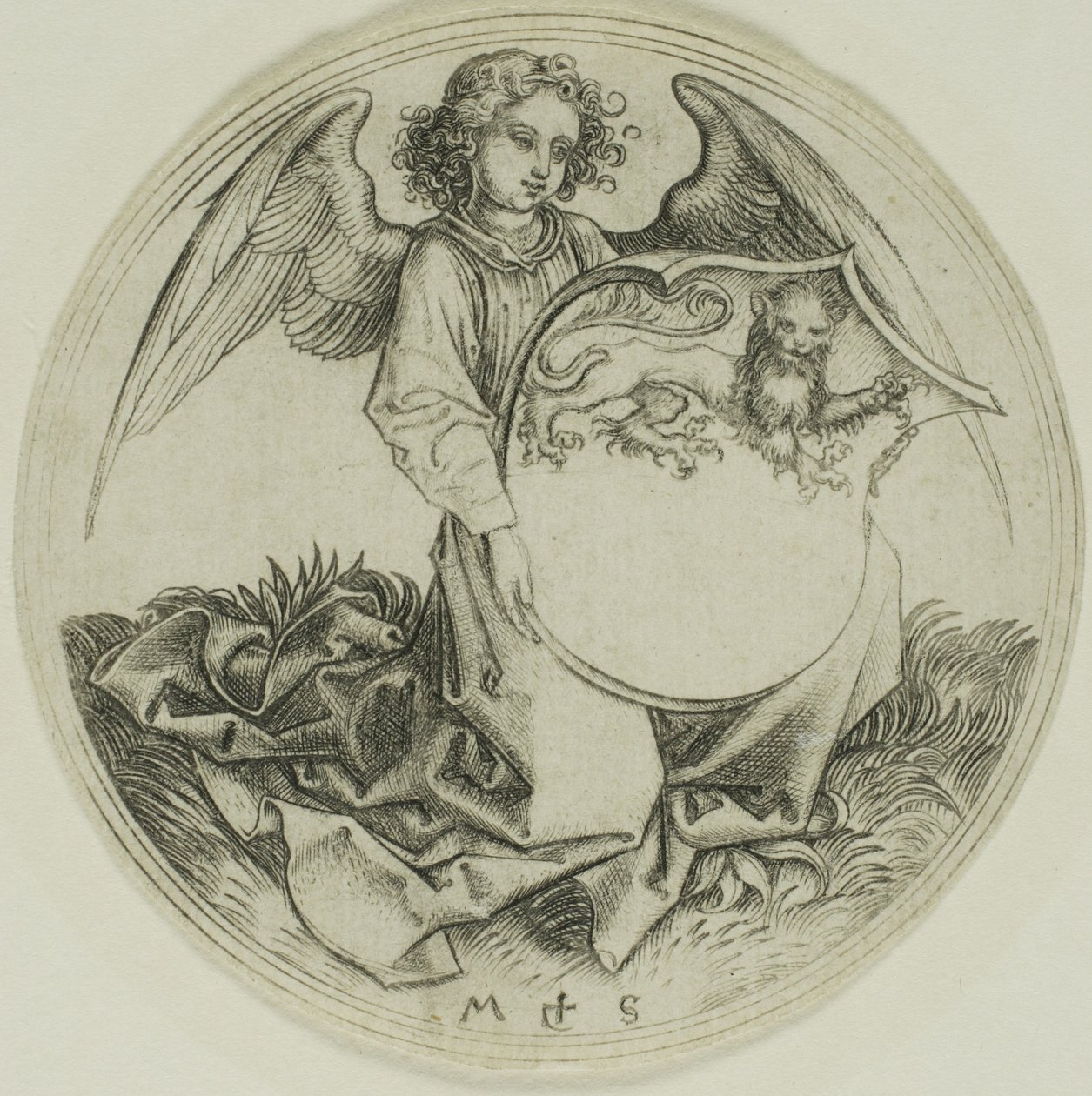 Escudo con un león, sostenido por un ángel de Martin Schongauer