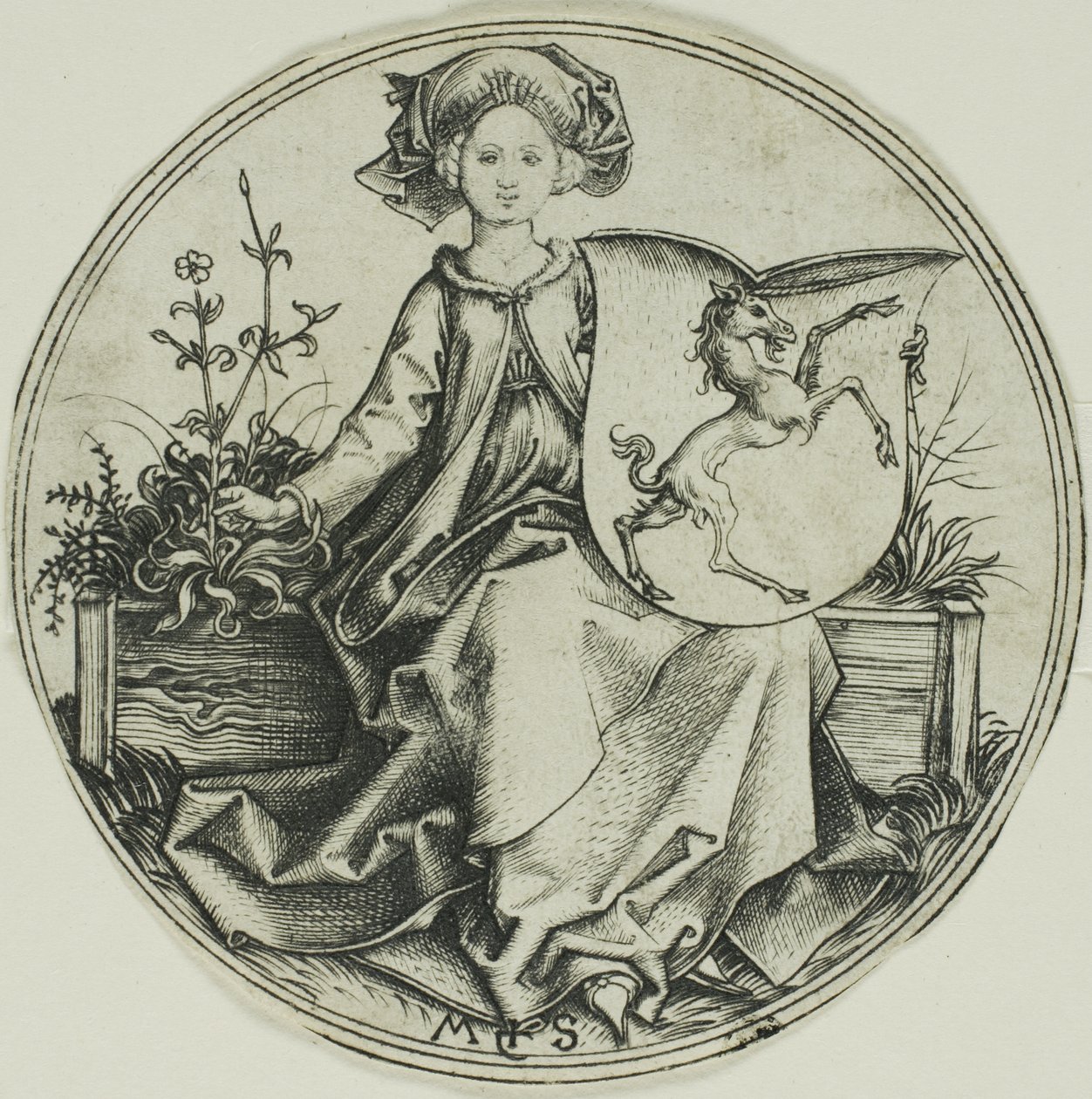 Escudo con un unicornio, sostenido por una dama de Martin Schongauer