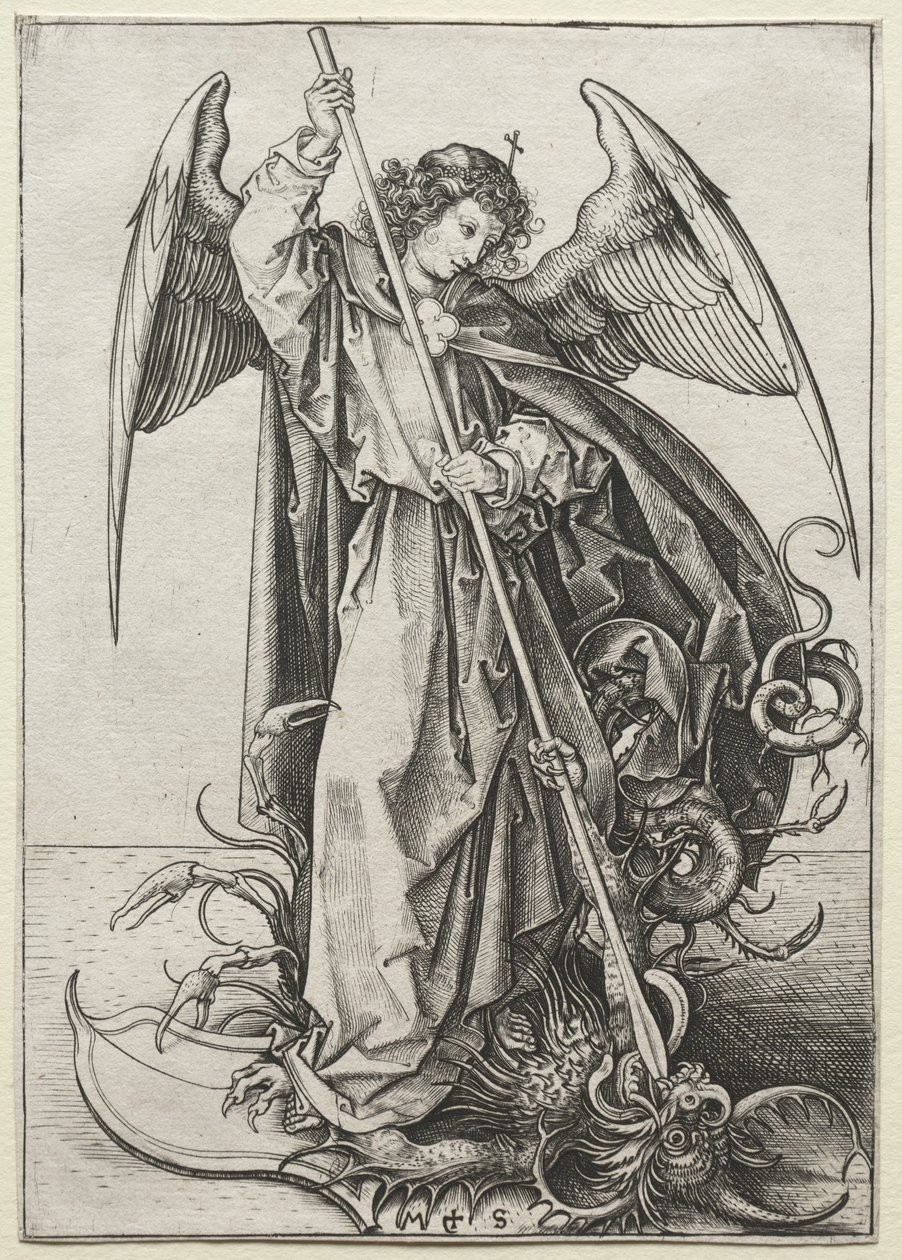 El Arcángel Miguel perforando al Dragón de Martin Schongauer