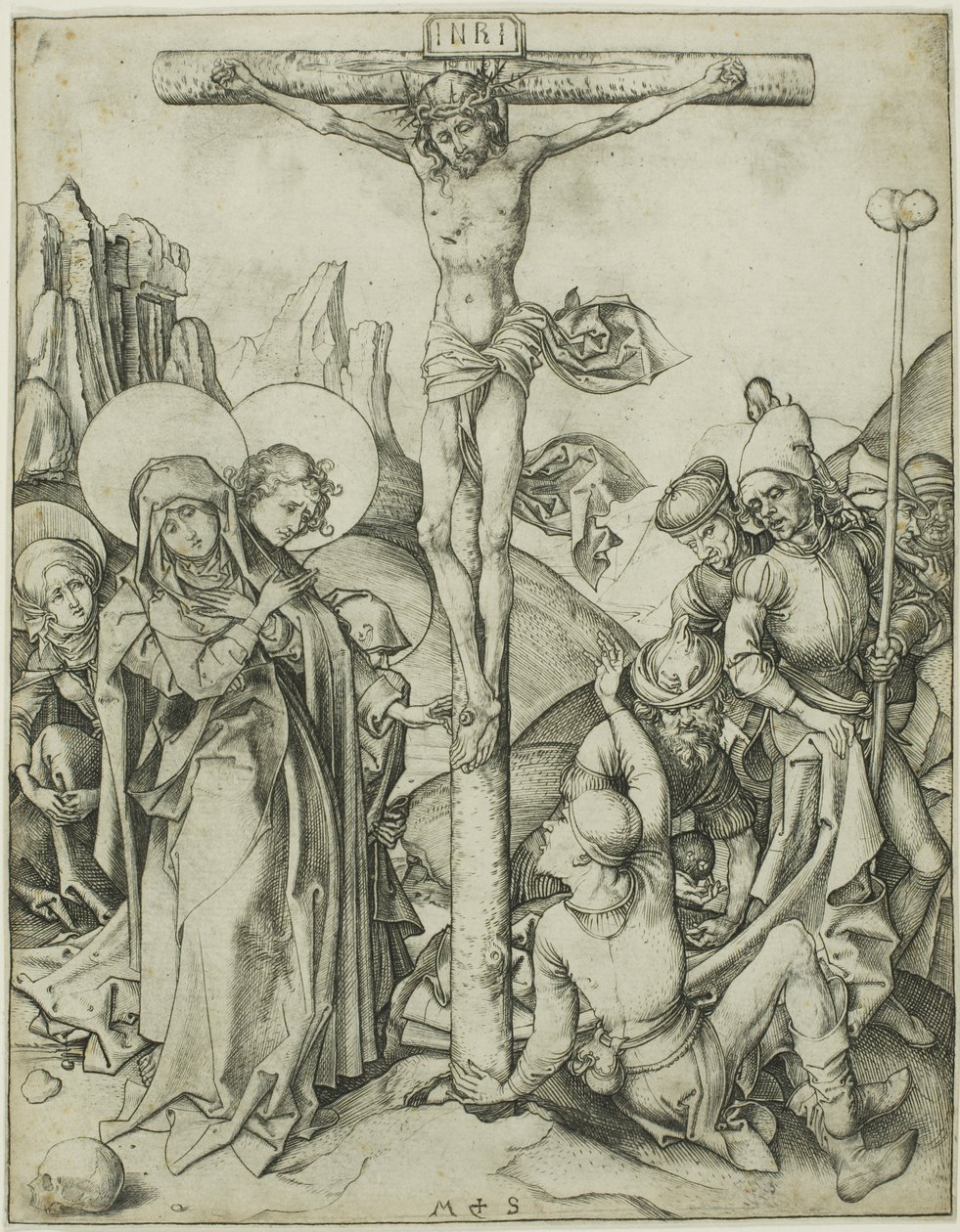 La Crucifixión con las Santas Mujeres, San Juan y los soldados romanos de Martin Schongauer