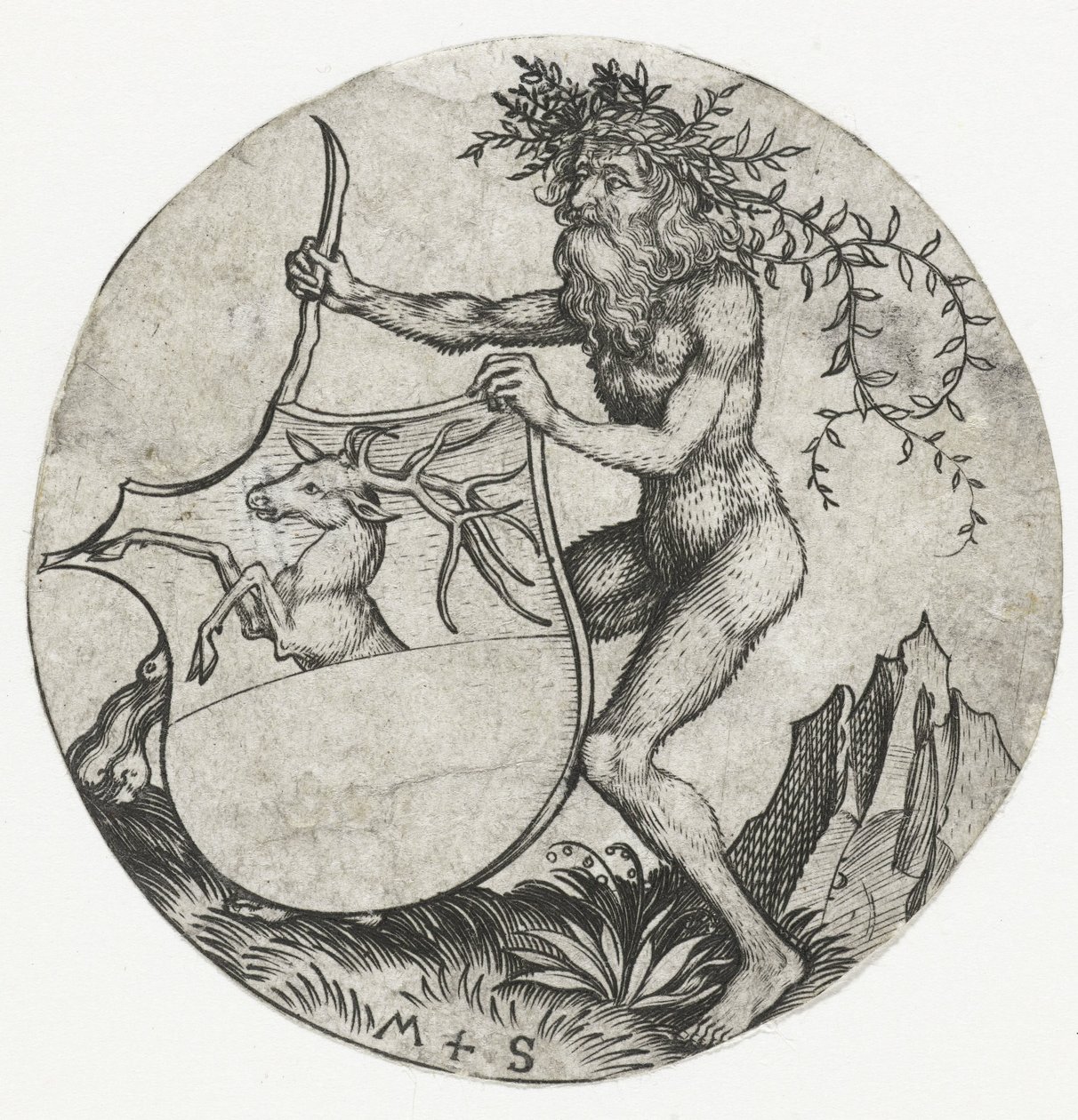Escudo de armas con un ciervo, sostenido por un hombre salvaje con un garrote Figuras con escudos de armas (título de la serie) de Martin Schongauer