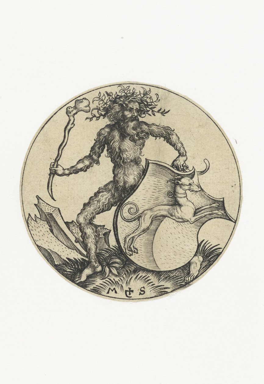 Escudo de armas con un perro, sostenido por un hombre salvaje con un garrote Figuras con escudos de armas (título de la serie) de Martin Schongauer