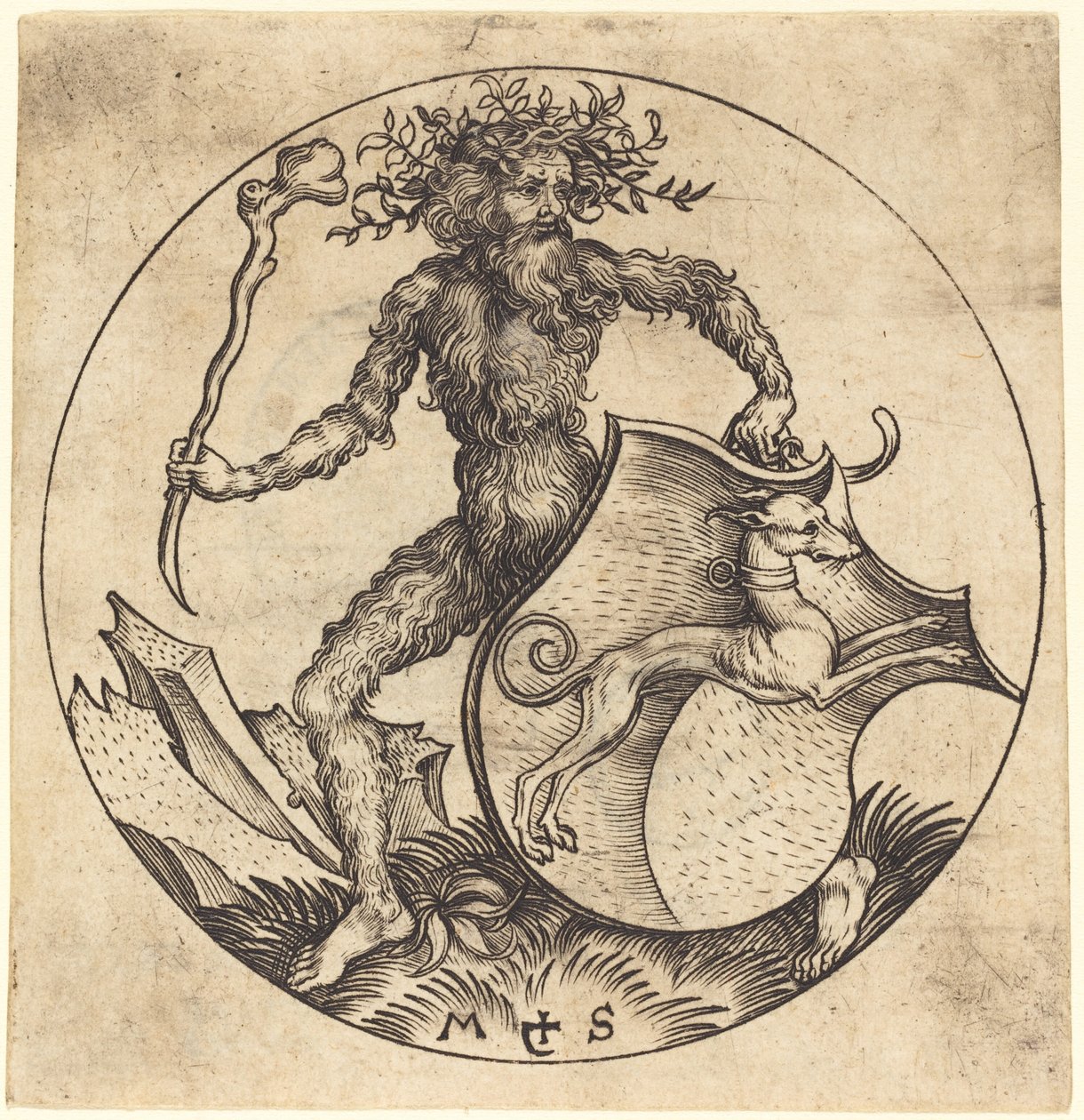 Hombre salvaje sosteniendo un escudo con un galgo de Martin Schongauer
