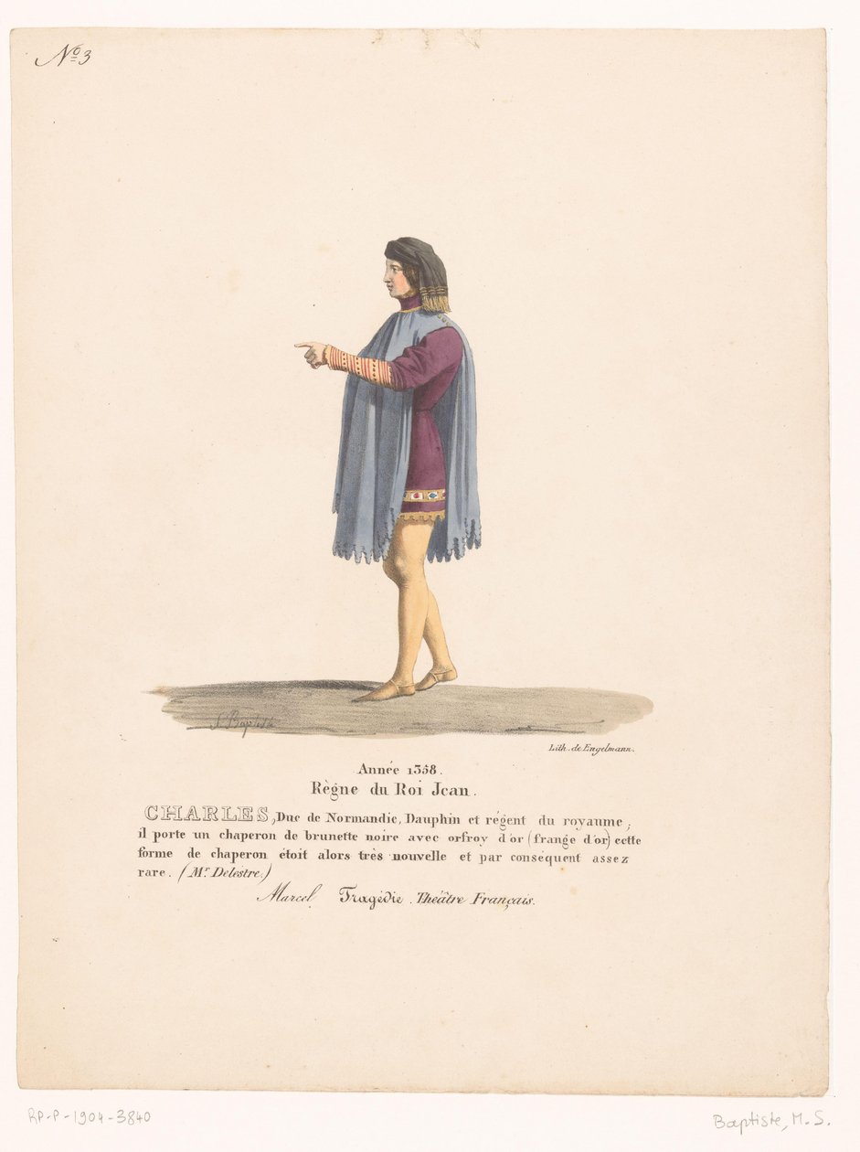 Kostuum van de delfín Karel van Valois uit de tragedie Marcel Carlos, duque de Normandía (título sobre el objeto) Theatrekostuums (título de la serie) Teatro Francés: colección de vestuario de MM. J. Alaux y L. Duponchel a partir de dibujos manuscritos en  de Martin Sylvestre Baptiste