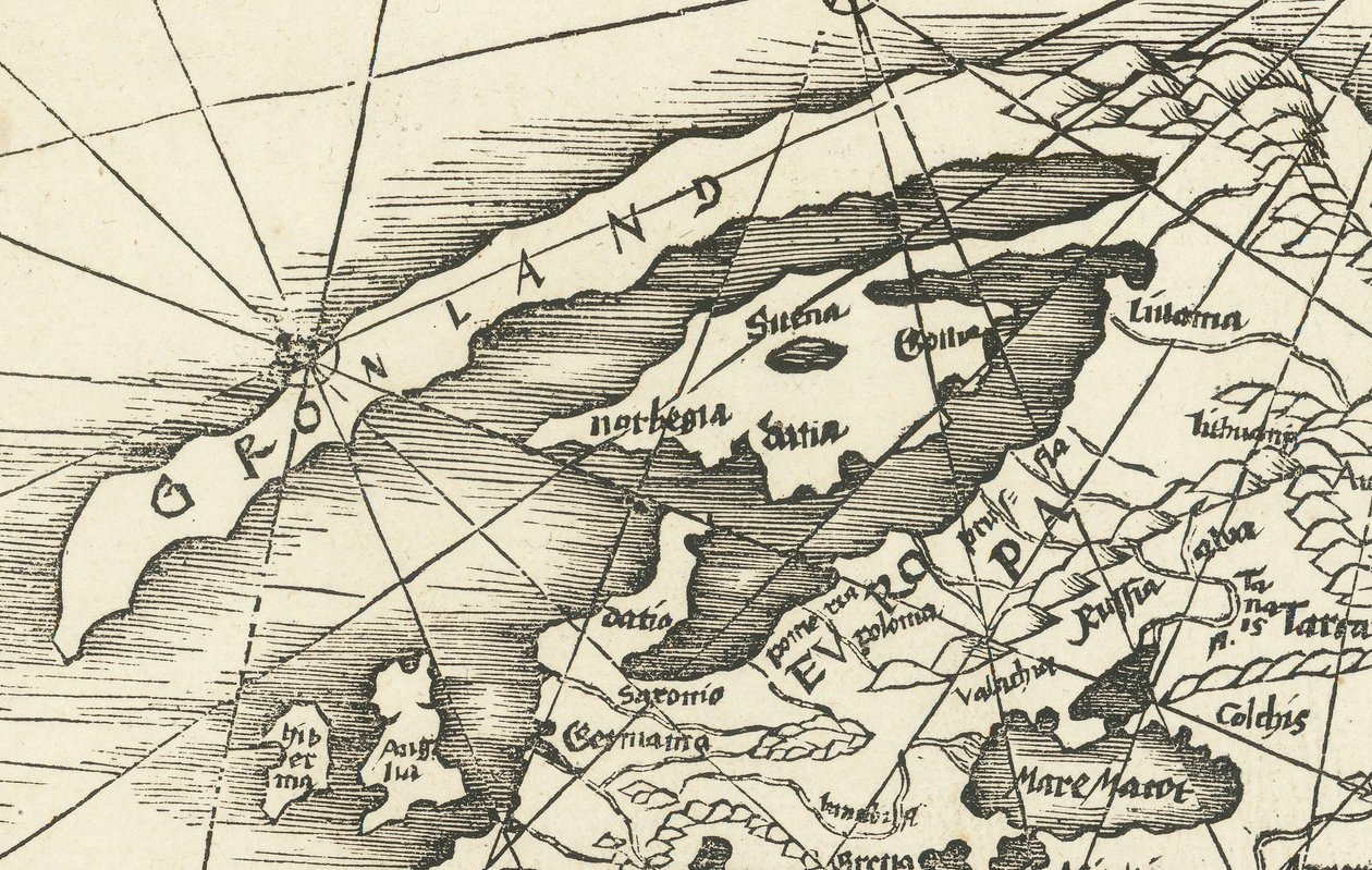 Mapa de 1513 del Mar del Norte que muestra Groenlandia unida a Escandinavia de Martin Waldseemuller