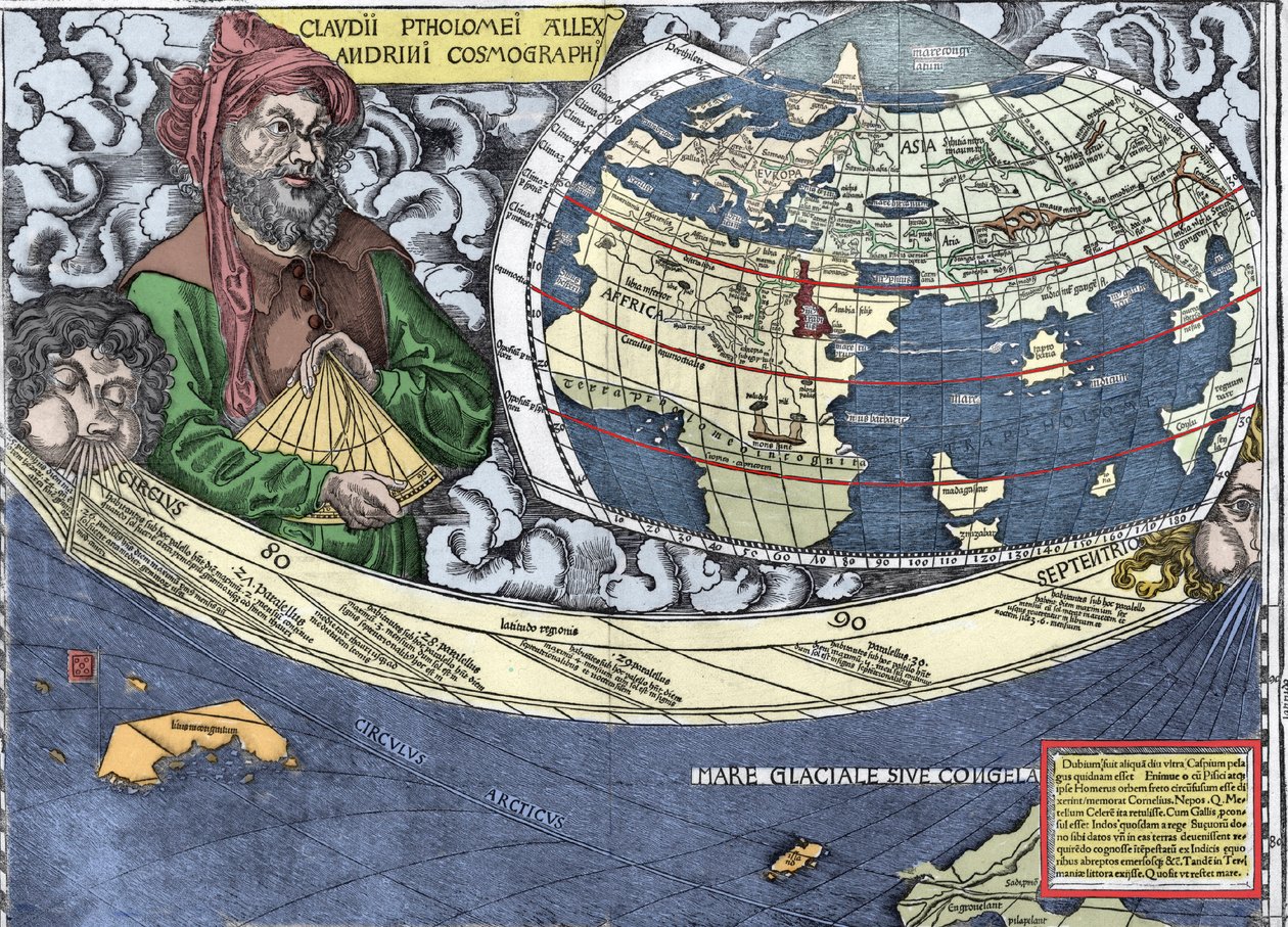 Ptolomeo (Claudio Ptolomeo 90-168) - Claudio Ptolomeo en el “mapa de Waldseemuller o Cosmografía Universal - Planisferio de Waldseemuller” - 1507 de Martin Waldseemuller