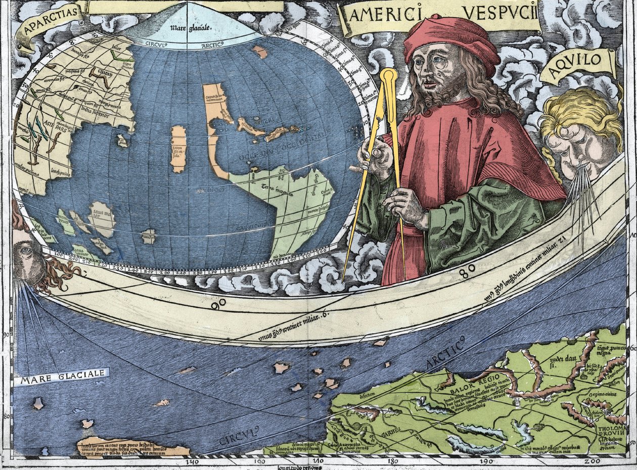 Amerigo Vespucci (1454-1512). Explorador y cartógrafo italiano en el “mapa de Waldseemuller o Cosmografía Universal - Planisferio de Waldseemuller” - 1507 de Martin Waldseemuller
