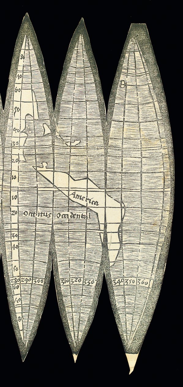 Mapa del mundo en forma de un conjunto de gajos de globo terráqueo, 1507 de Martin Waldseemuller