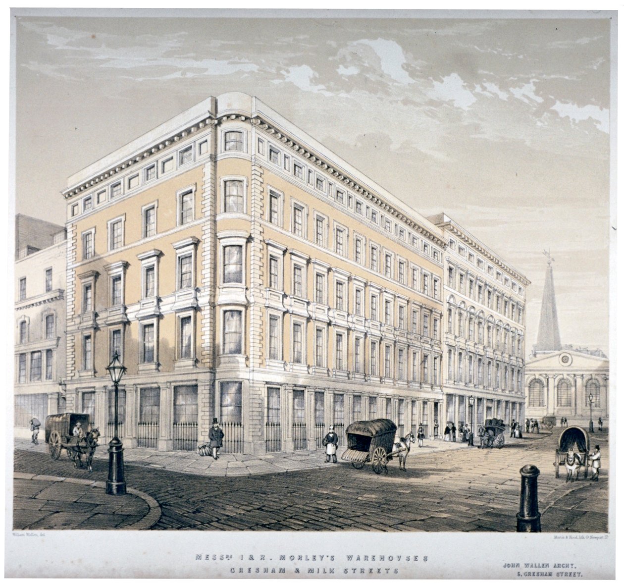Almacenes de J&R Morley, esquina de Milk Street y Gresham Street, Londres, c1840 de Martin and Hood