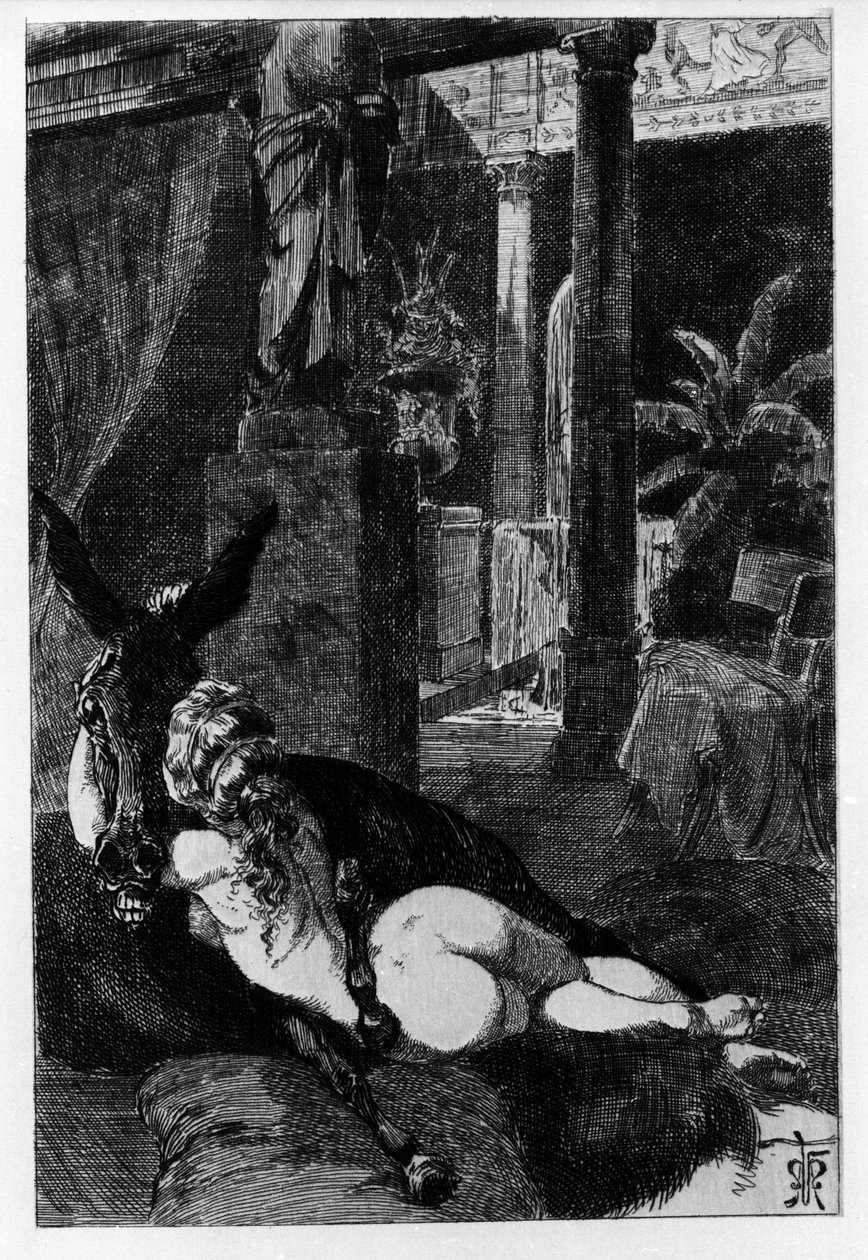 Lucio se convierte en burro por accidente. Metamorfosis (El asno de oro o Asinus aureus), novela escrita por Apuleyo (Lucio Apuleyo) (alrededor de 125-alrededor de 180) en el siglo II. Aguafuerte de Martin Van Maele de Martin van Maele