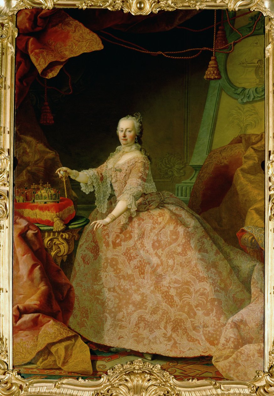 La emperatriz María Teresa con un manto de encaje de Bruselas, regalo de los estados de Flandes ... (óleo sobre lienzo) de Martin van Mytens or Meytens