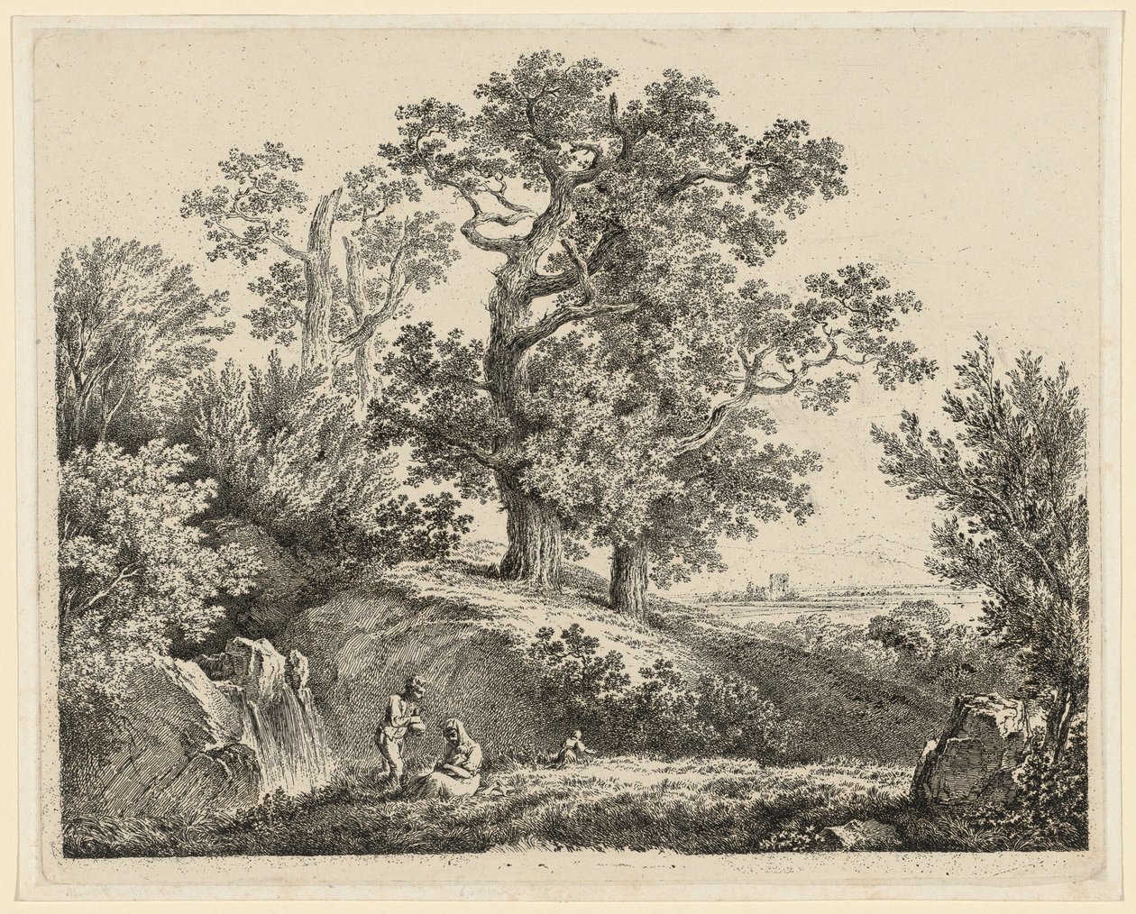 Paisaje con una cascada y una familia descansando de Martin von Molitor