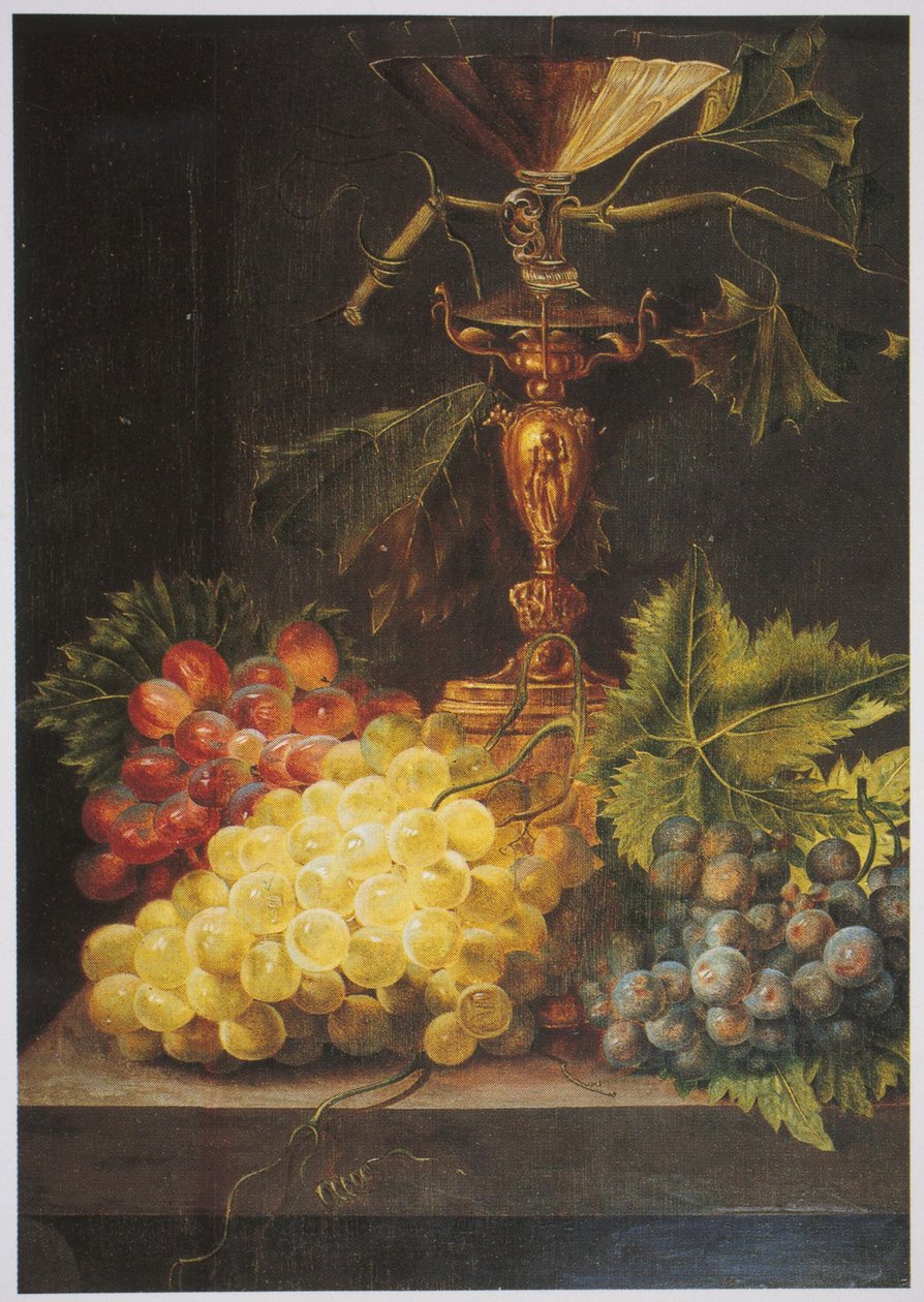 Detalle de un bodegón con copa y racimo de uvas de Martina Adriana Maria van Toulon
