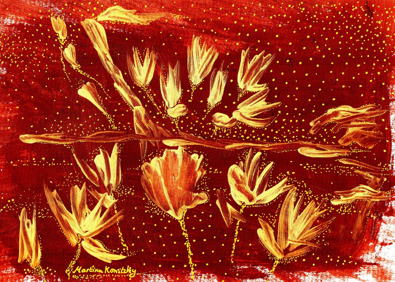 Paisaje con flores y cielo estrellado marrón dorado de Martina Konitzky