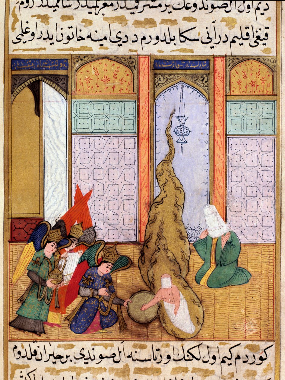 El nacimiento del profeta Mahoma Miniatura extraída de "Siyer-i Nebi" (Siyer i Nebi) poema épico que relata la vida del profeta Mahoma escrito por Mustafá, hijo de Yusuf de Erzurum bajo el gobierno de Murad III (1574-1595). Miniatura de Lutfi Abdullah (d de Martino Bassi