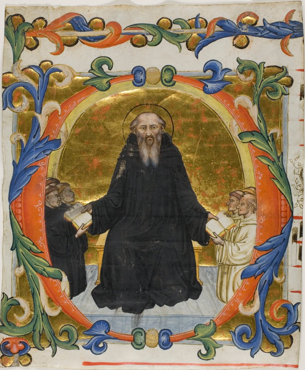 San Benito presentando su regla a monjes benedictinos y cistercienses en una inicial historiada "O" de un libro de coro de Martino di Bartolomeo di Biagio