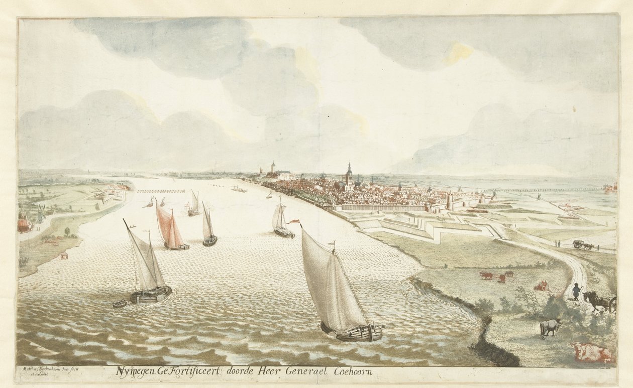 Vista de las fortificaciones cerca de Nijmegen en Waal Nymegen fortificado por Sir General Coehoorn (título sobre el objeto) de Martinus Berkenboom