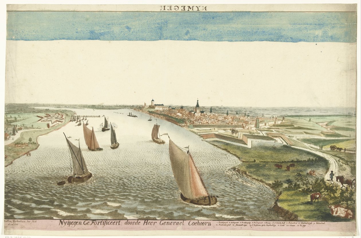 Vista de las fortificaciones cerca de Nijmegen en Waal Nymegen fortificado por Sir General Coehoorn (título sobre el objeto) de Martinus Berkenboom