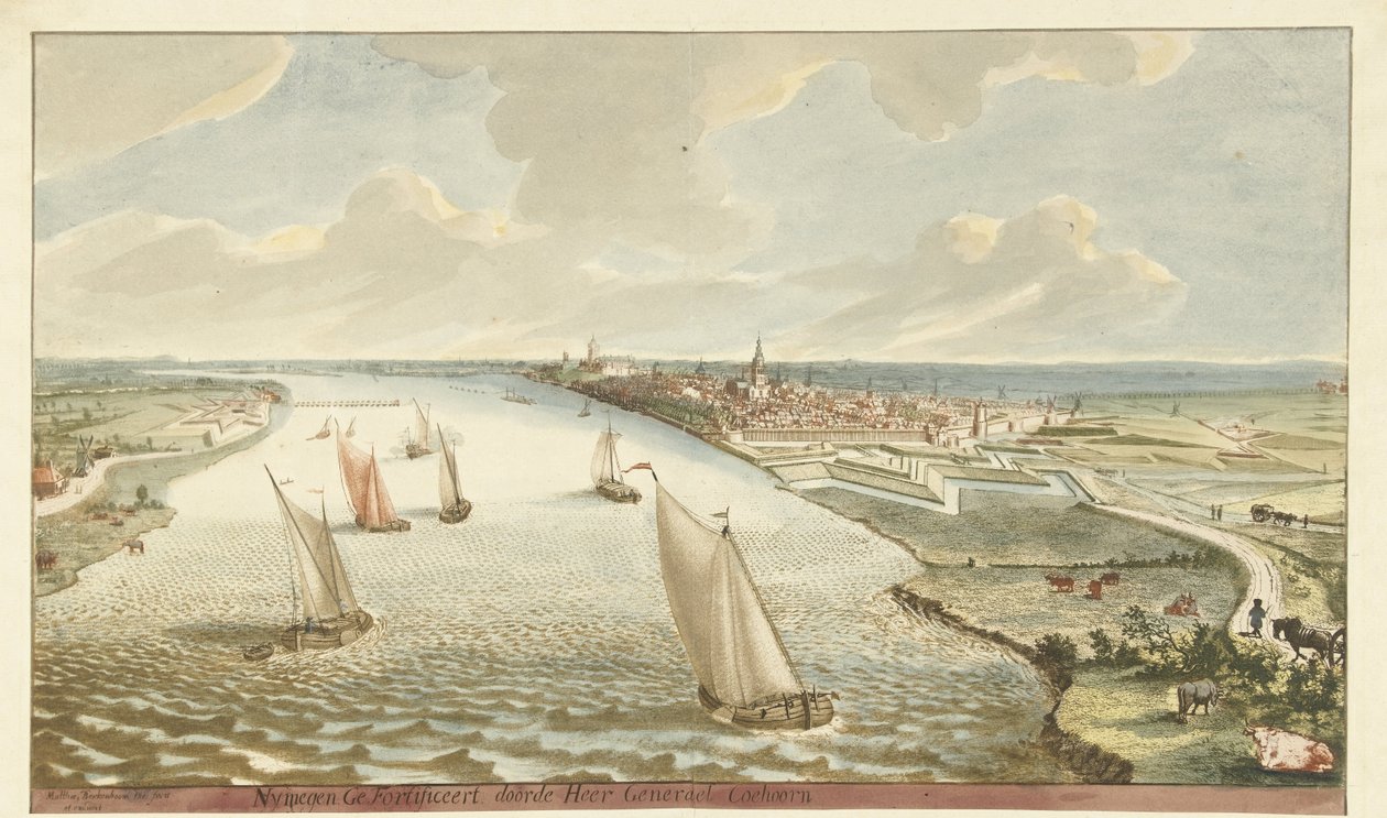 Vista de las fortificaciones de Nimega en el río Waal
Nymegen fortificada por el Señor Generael Coehoorn (título en el objeto) de Martinus Berkenboom