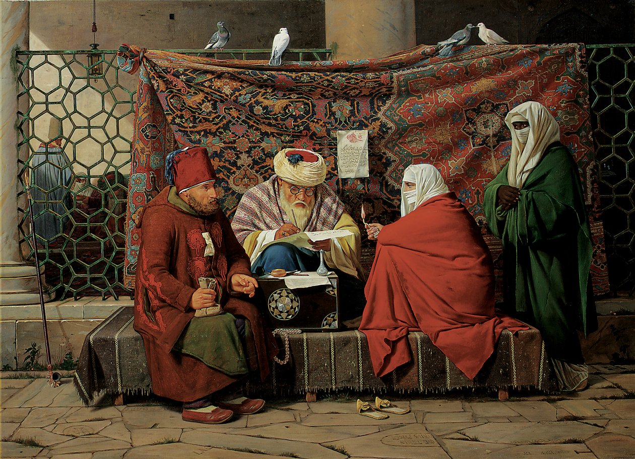 Un notario turco redactando un contrato de matrimonio frente a la Mezquita Kilic Ali Pasha, Tophane, Constantinopla, 1837 de Martinus Rorbye