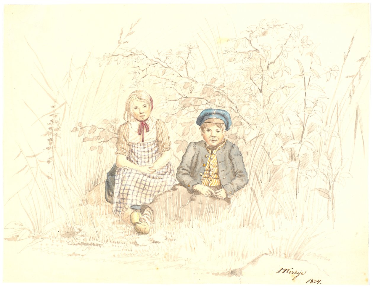 Niño y niña sentados en la vegetación de Martinus Rørbye