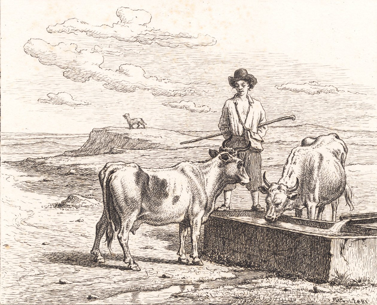 Un pastorcillo junto a un abrevadero. Ilustración para «Veinticinco imágenes para niños pequeños» de Chr. Winther de Martinus Rørbye