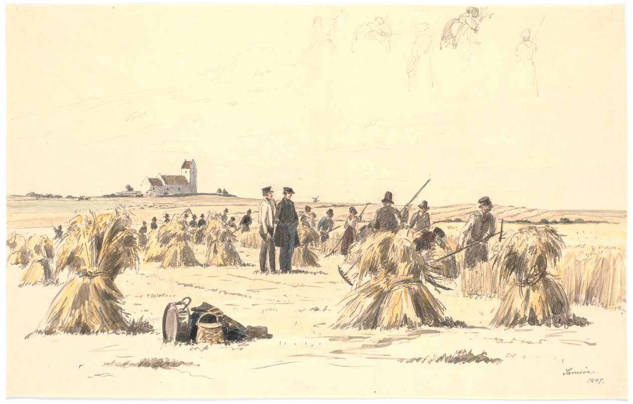Trabajadores de la cosecha en el campo de Martinus Rørbye