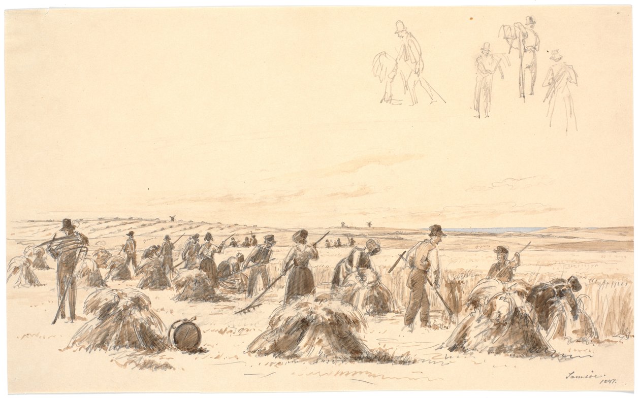 Trabajadores de la cosecha en el campo. En el fondo, molinos y el mar de Martinus Rørbye