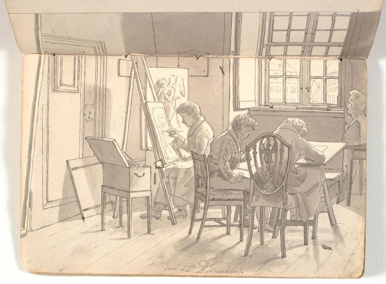 Interior de la academia con artistas pintando y dibujando de Martinus Rørbye